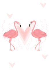 Pink flamingos and heart. Valentines day greeting card, poster, banner.