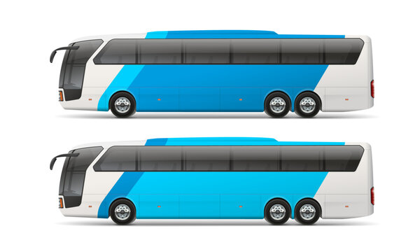 Realistic vector Coach Bus Mockup with Abstract blue graphics consept for Brand identity and Advertising on Passenger Transport. Side view Coach Bus editable branding mockups
