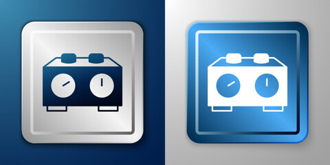 White Time chess clock icon isolated on blue and grey background. Sport equipment. Silver and blue square button. Vector