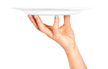 One white kitchen plate on human hand on transparent background