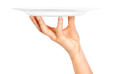 One white kitchen plate on human hand on transparent background