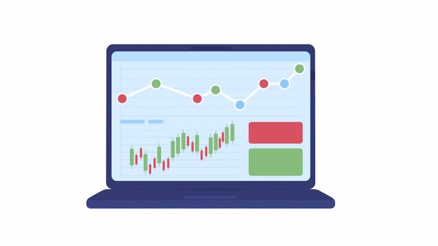 Animated monitor stocks on laptop. Browsing website for investors. Flat cartoon style element 4K video footage. Color illustration on white background with alpha channel transparency for animation