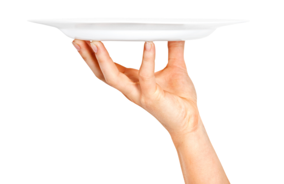 One white kitchen plate on human hand on transparent background