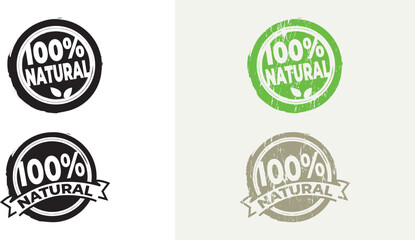 100% Natural in Stamp style. Solid color and Grunge style. Vector Illustration.