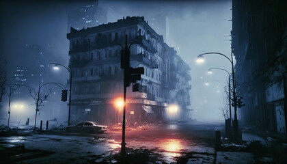 Naklejka premium Post apocalypse world. Abandoned city. Nuclear War. Generative AI