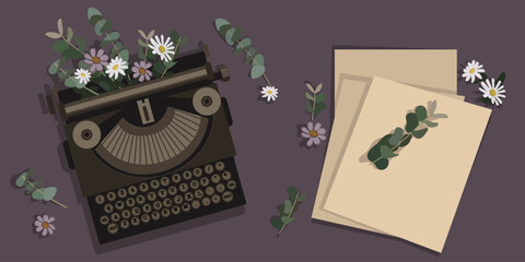 Vintage typewriter with flowers inside and sheets of paper. Writer's Day, poet's Day. A black old typewriter with flowers and sheets on a dark background. Vector illustration. Banner, postcard.