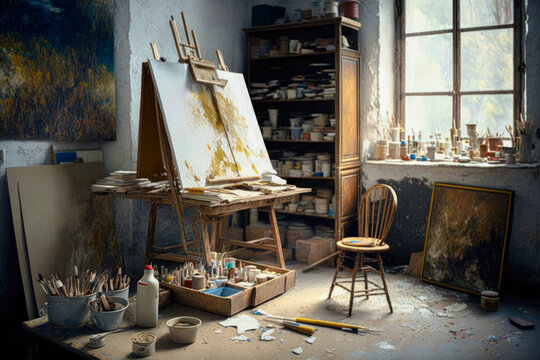 an artist's studio, with blank canvases, brushes and paint pots in the background - Generative AI