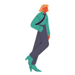 Business woman going to work. Modern businesswoman, employee walking, wearing menswear and heels. Young girl, office worker in shirt, tie, pants. Flat vector illustration isolated on white background