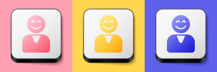 Isometric Happy customer icon isolated on pink, yellow and blue background. Square button. Vector