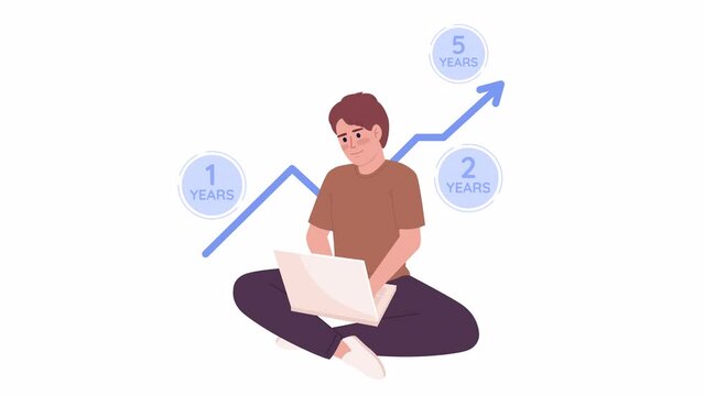 Animated creating 5 year growth plan. Investor working on laptop. 4K video footage. Concept animation. Looped 2D cartoon flat character on white with alpha channel transparency for web design