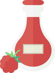 Transparent jar or bottle with raspberry jam, juice