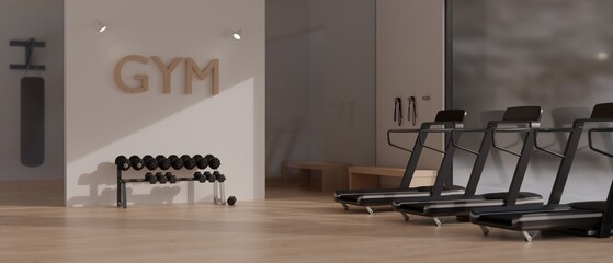Modern minimal fitness sport club or gym interior design with treadmill running machines © bongkarn