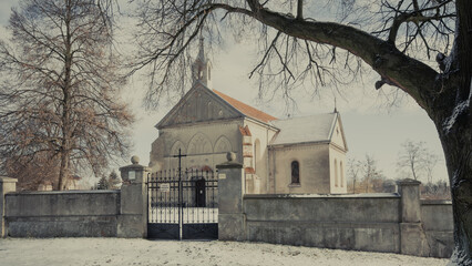 Historic architectural elements in the old town of Widawa, Poland.
