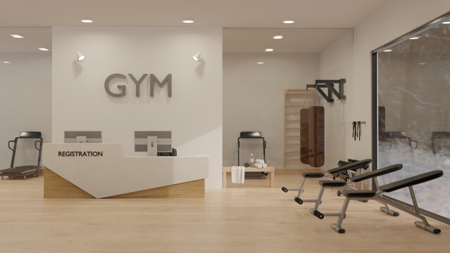 Modern gym lobby interior design in minimal white and wood style with registration counter