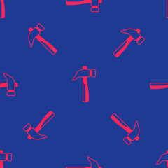 Red Hammer icon isolated seamless pattern on blue background. Tool for repair. Vector