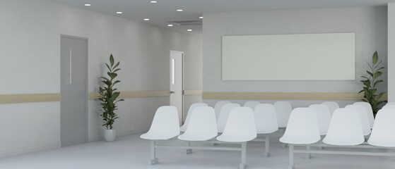 Modern white hospital waiting area interior design with white waiting seats. hospital hallway