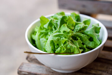 Leafy greens or lettuce in white bowls that are commonly used in salads or eaten fresh. Healthy food concept.