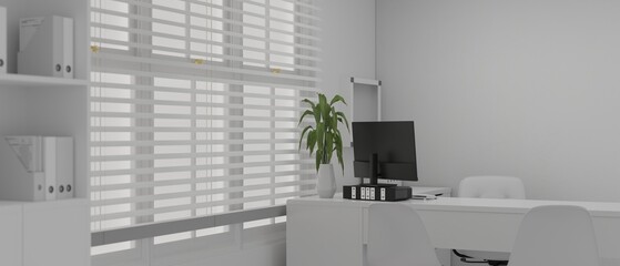 Modern white private office interior design with computer on a white desk. doctor office, clinic