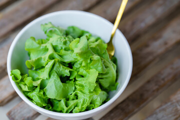 Leafy greens or lettuce in white bowls that are commonly used in salads or eaten fresh. Healthy food concept.