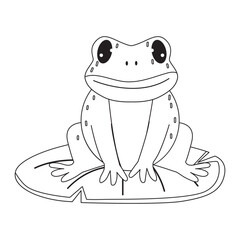 Vector outline cartoon frog sitting on leaf of water lily isolated on white background. Black and white page for coloring book.