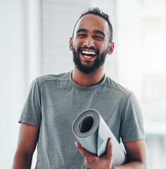 Yoga, fitness portrait and happy man for wellness, health and exercise goals, mission and inspiration. Pilates gear, sports and smile or laugh of Indian person for holistic workout or mediation class
