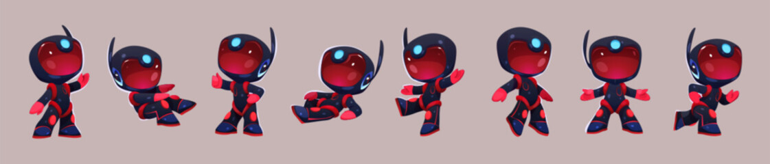 Cartoon vector illustration set of kid astronaut in space. Isolated little spaceman in black suit and helmet lie, run or go on background. Cute cosmic robot in various poses