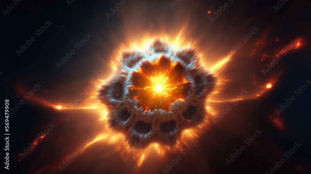 Fototapete View of the birth of a star in space during a nebula explosion. Nuclear fusion of cosmic clouds of gas and dusts. Universe background. Generative ai