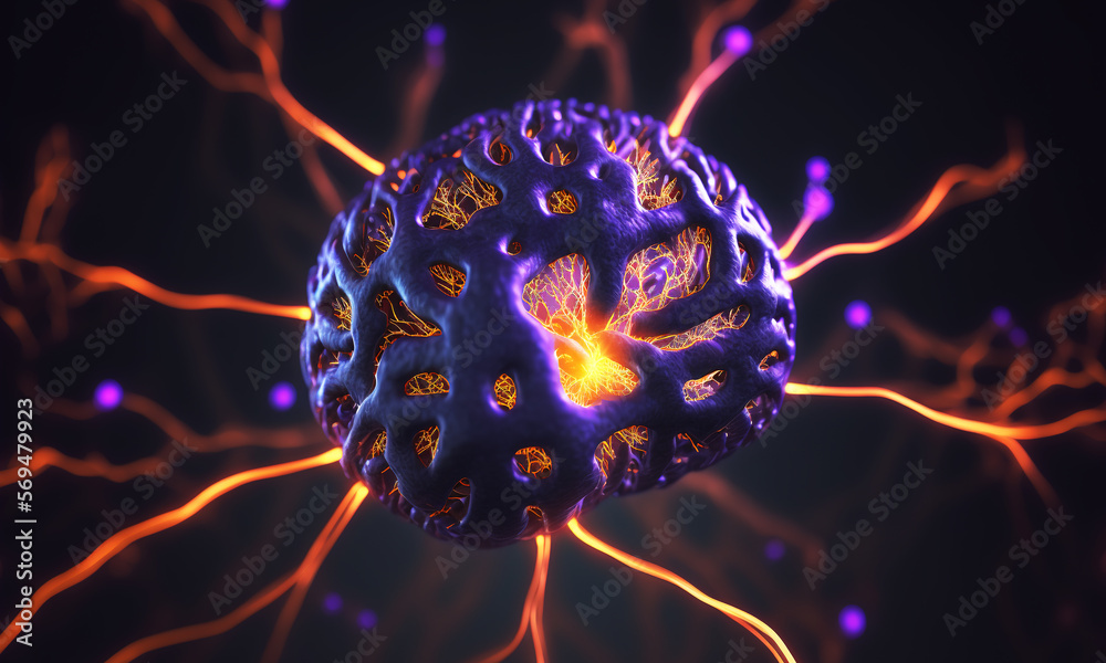 Fototapete Glowing brain background with neural links network. Illustration representing artificial intelligence neuronal activity. Generative AI