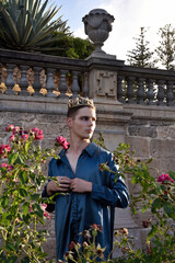 portrait of handsome brunette man wearing fantasy medieval prince costume, romantic silk shirt & royal  golden crown, posing in  castle location  rose garden with dreamy golden  silhouette lighting