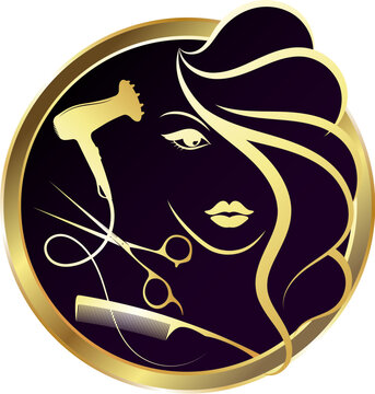 recommend clip art: Beautiful girl with a hairstyle in a circle, scissors and a stylist's comb. Sign for beauty and hair salon