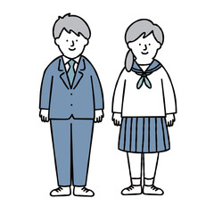 男女の学生　セット 全身 制服 笑顔　ブルー
