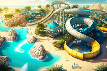Fototapeta na wymiar A water park with slides and wave pools, illustration - Generative AI