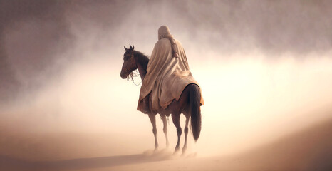 Man in coat on a horse, in a desert sands during the storm. Sand in a air, dusty mist. Generative AI