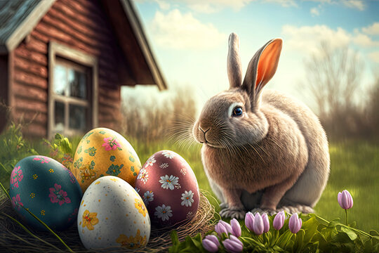 Easter bunny with easter eggs in the garden. Generative AI.