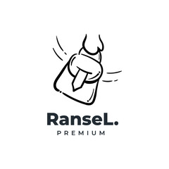 Hand carrying bag logo hand drawn icon. Ransel accessories line drawing design illustration.