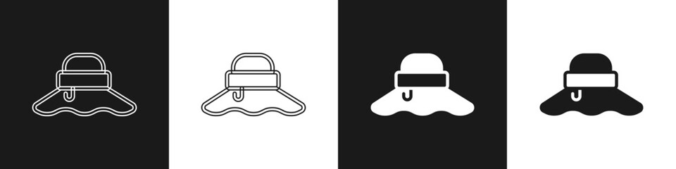 Set Fisherman hat icon isolated on black and white background. Vector