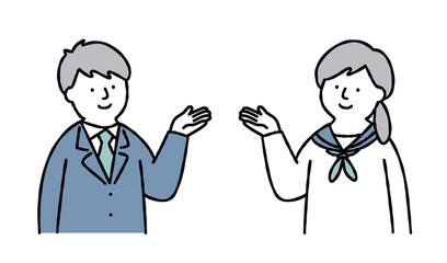 案内をする男女の学生　上半身　セット　ブルー