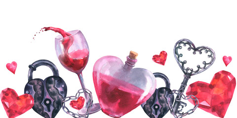 Watercolor illustration a glass of wine, a lock, a key, a diamond stone, alove potion elixir and a herts. . Horizontal banner from the Valentine day collection.