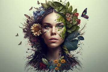 Beautiful girl symbolising Mother nature concept seamlessly merged with beautiful face portrait of a young woman. Ai generated