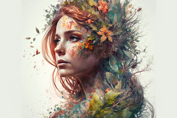 Obraz premium Beautiful girl symbolising Mother nature concept seamlessly merged with beautiful face portrait of a young woman. Ai generated