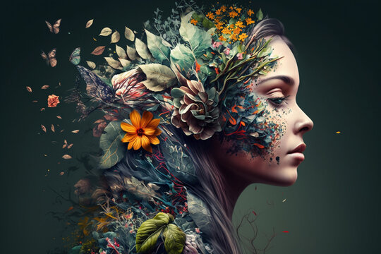 Beautiful girl symbolising Mother nature concept seamlessly merged with beautiful face portrait of a young woman. Ai generated