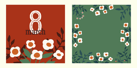 Cute 8 of march cards with white flowers. Spring floral frame background. International Women's Day concept. Colorful flat vector illustration for social media post, postcard, poster, invitation