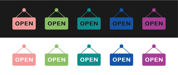 Set Hanging sign with text Open door icon isolated on black and white background. Vector