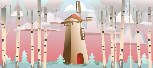 Windmill for grinding flour. Winter snow landscape with birch forest. Traditional flour mill. Stone high tower with blades. Cartoon fun style. Flat design. Vector