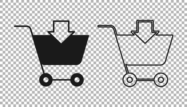 Black Add to Shopping cart icon isolated on transparent background. Online buying concept. Delivery service sign. Supermarket basket symbol. Vector