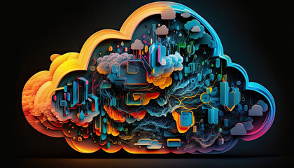 Cloud computing technology concept with synthwave cyberpunk style. Futuristic illustration. AI generative