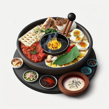 Korean food in a hot plate. Generative AI