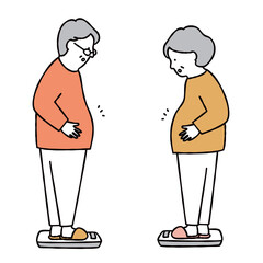 肥満・中年太り・メタボ・体重計・シンプル・男女：ベクターイラスト