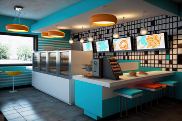 Interior modern fast food restaurant. Generative AI illustration.