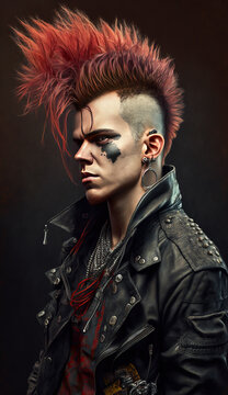 Punk guy with extreme rocker style portrait. Cinematic cyberpunk character on dark background. Concept generated with generative AI